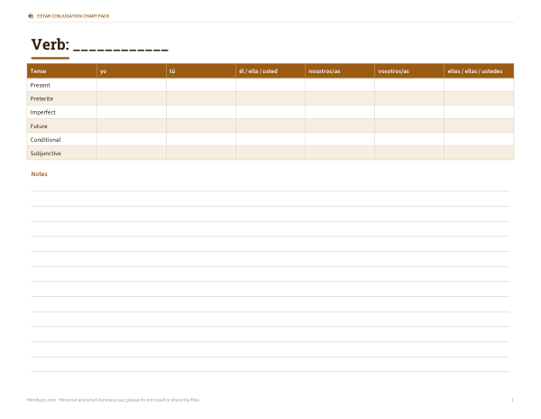 Preview of Printable Estar Conjugation Chart