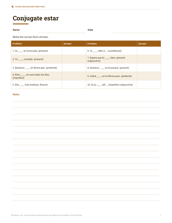 Preview of Printable Estar Conjugation Practice Sheet