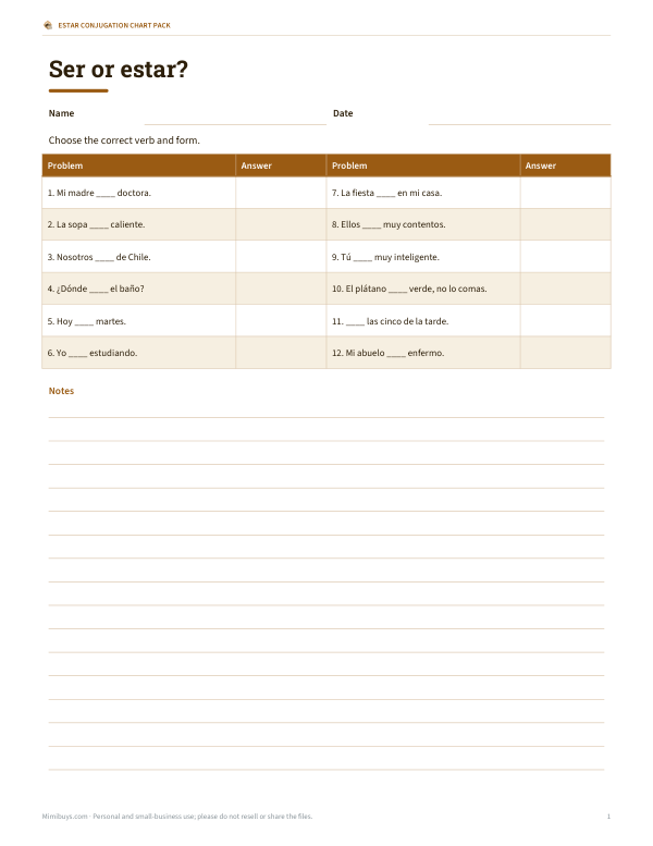 Preview of Printable Ser or Estar Practice Sheet